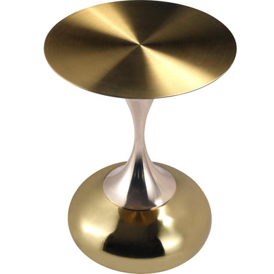Modern Round Side Table with Gold Stainless Steel Top, Gold Pedestal Stem & Glossy Base, Accent End Table for Living Room, Bedroom, or Small Spaces, 17.7