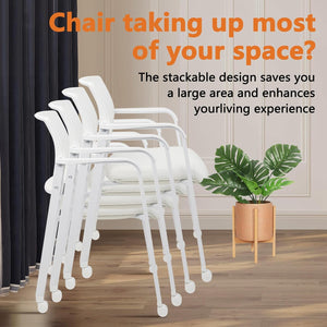 Set of 8, White, Stacking Office Chairs with Wheels | Mesh Back, Thicken Leather Seat and Streamline Armrests, Ergonomic Lumber Support | School, Desk, Guest Reception, Waiting, Conference |