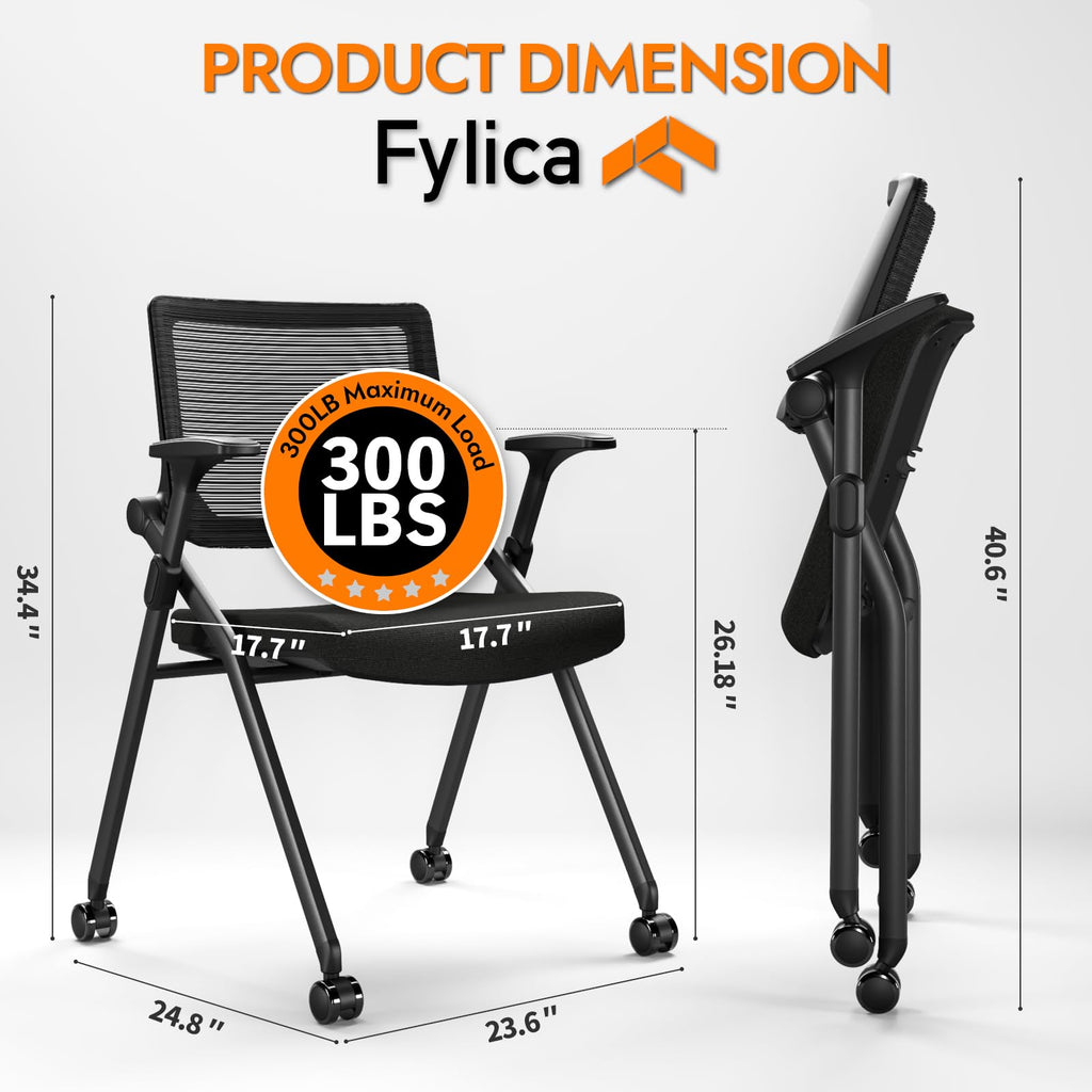 Foldable Office Chair with PU Wheels and Smooth Armrest-Ergonomic Mesh Bouncing Back, Stackable Conference Room Chair, Office Guest & Reception & Meeting Chair (Black)