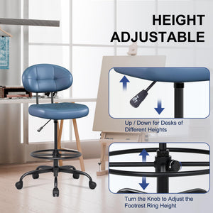 Drafting Chair Without Arms, Tall Office Chair with Footrest Ring for Standing Desk, Small Faux Leather Executive Chair with Adjustable Height for Bar Lab Counter Height Desk, Navy Blue
