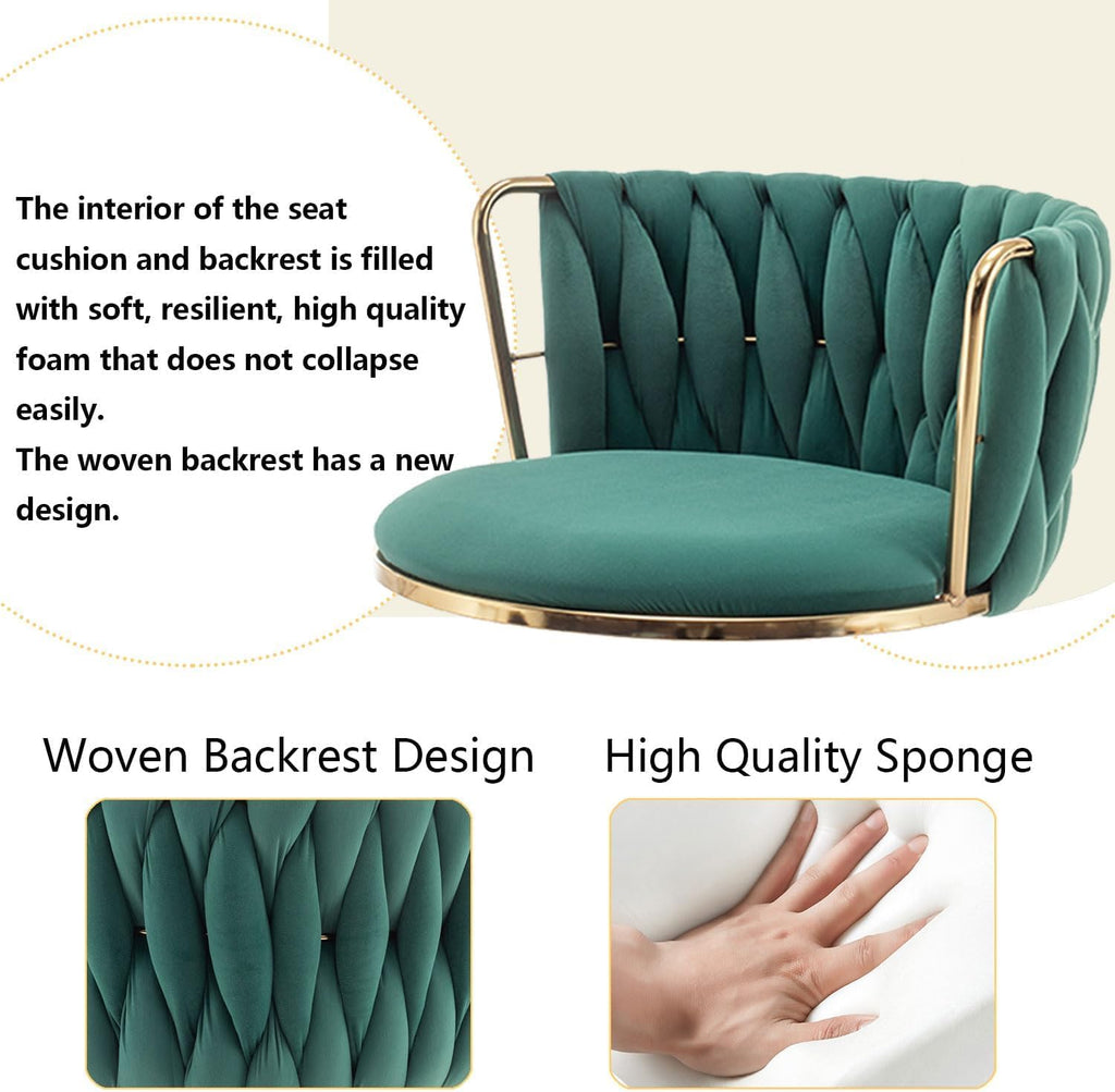 Gold Velvet Bar Stools Set of 3, Swivel Counter Height Bar Stools with Back, Adjustable Woven Barstools for Kitchen Island, Pub, Club (Green)