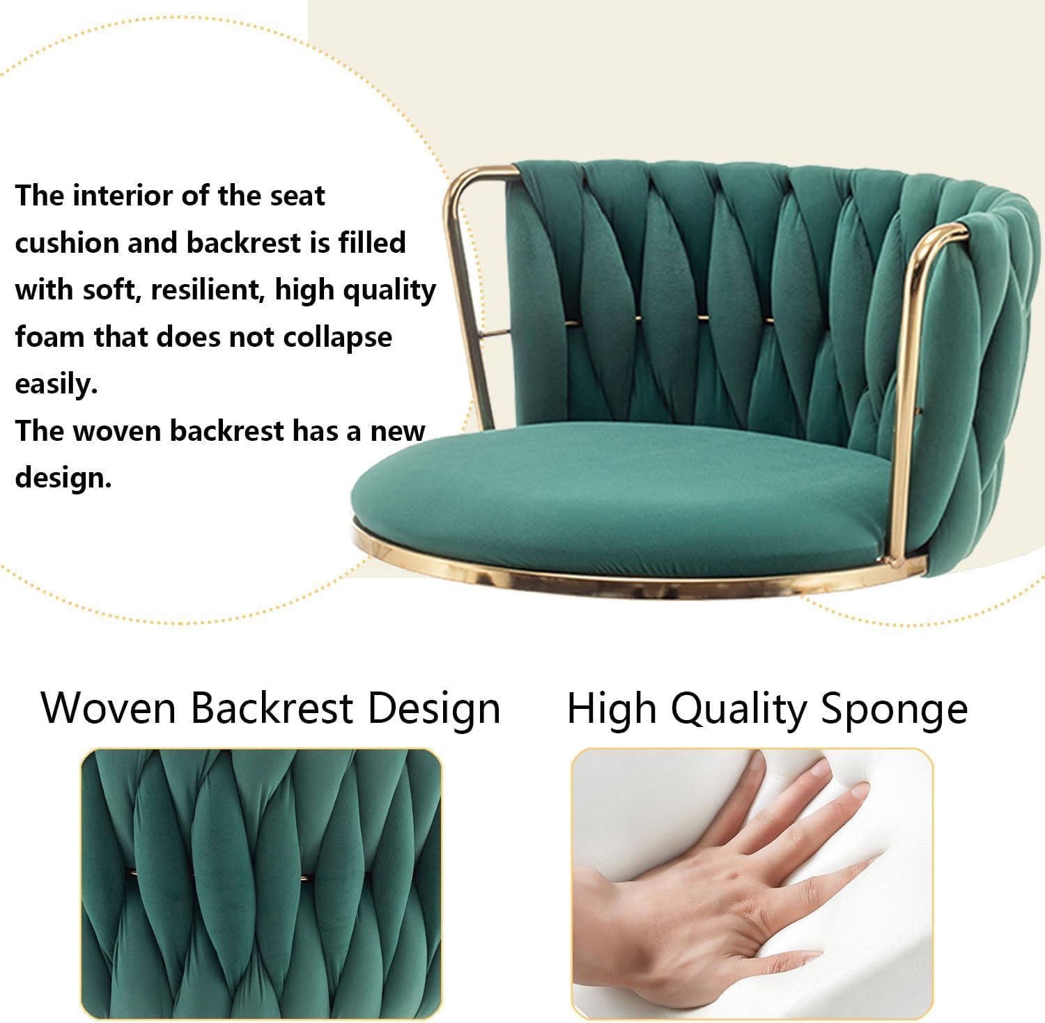 Gold Velvet Bar Stools Set of 3, Swivel Counter Height Bar Stools with Back, Adjustable Woven Barstools for Kitchen Island, Pub, Club (Green)