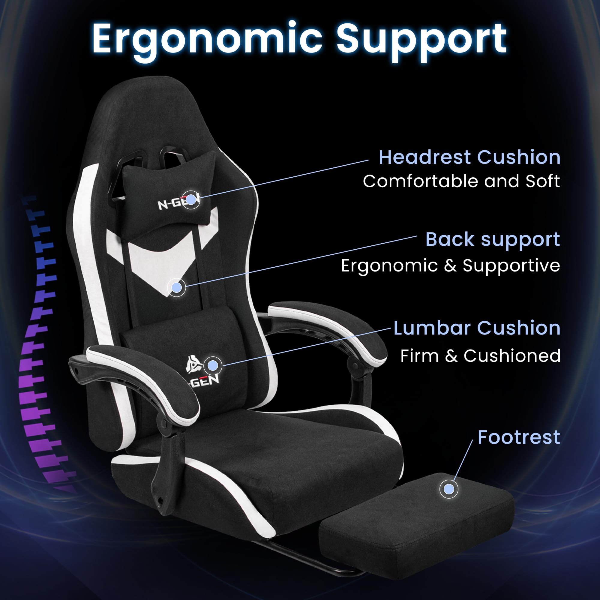 Video Gaming Chair with Footrest Lumbar Support for Home Office High Back Recliner Height Adjustable Ergonomic Comfy Fabric Computer Desk Chair (Black)