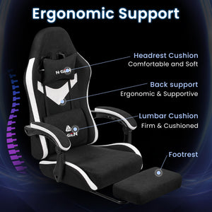 Video Gaming Chair with Footrest Lumbar Support for Home Office High Back Recliner Height Adjustable Ergonomic Comfy Fabric Computer Desk Chair (Black)