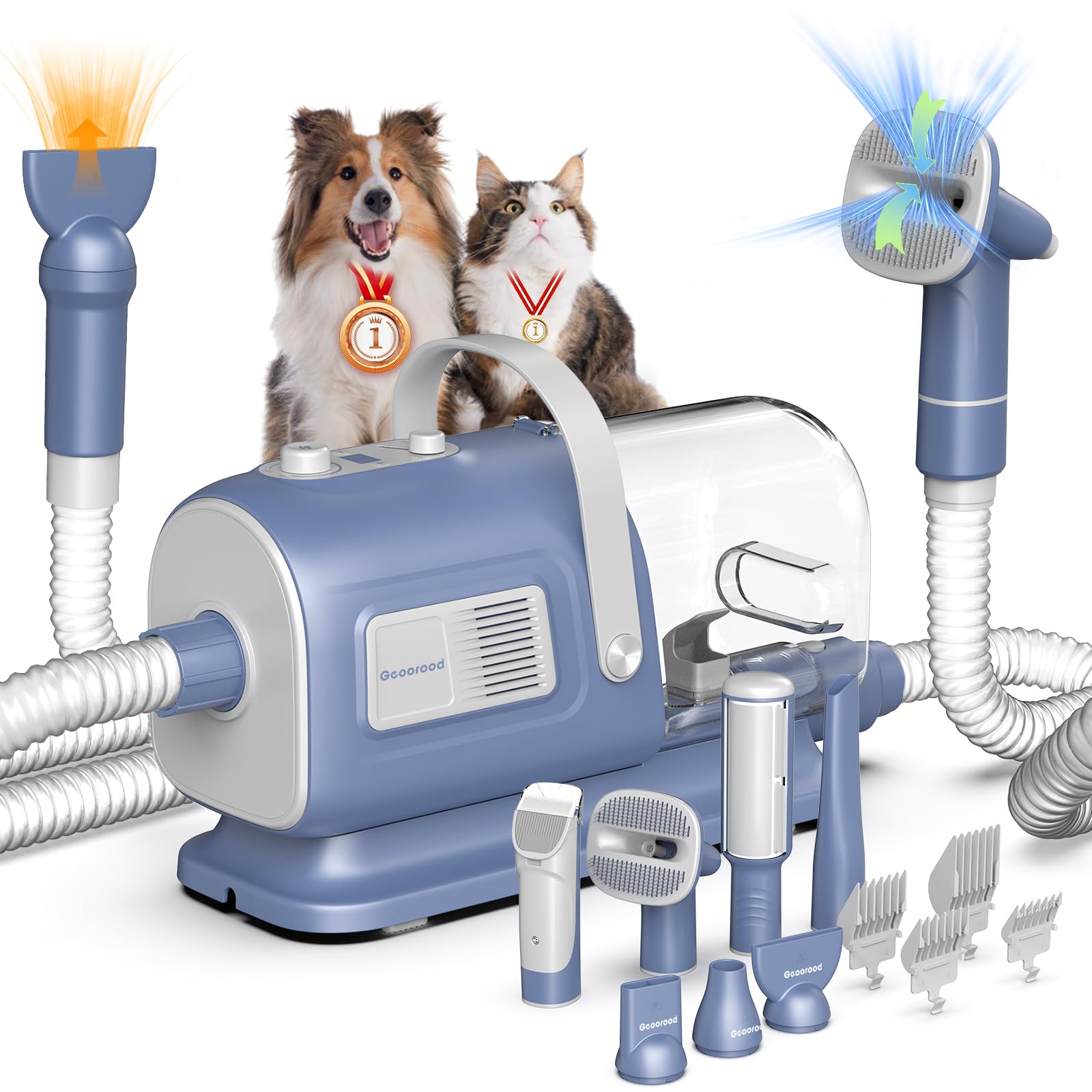 Dog Grooming Vacuum and Dryer Kit, Blower for Pet Vacuum Grooming 7 in 1 with Clippers for Dogs Hair Shedding Brush Remover Tools at Home Blue Grey