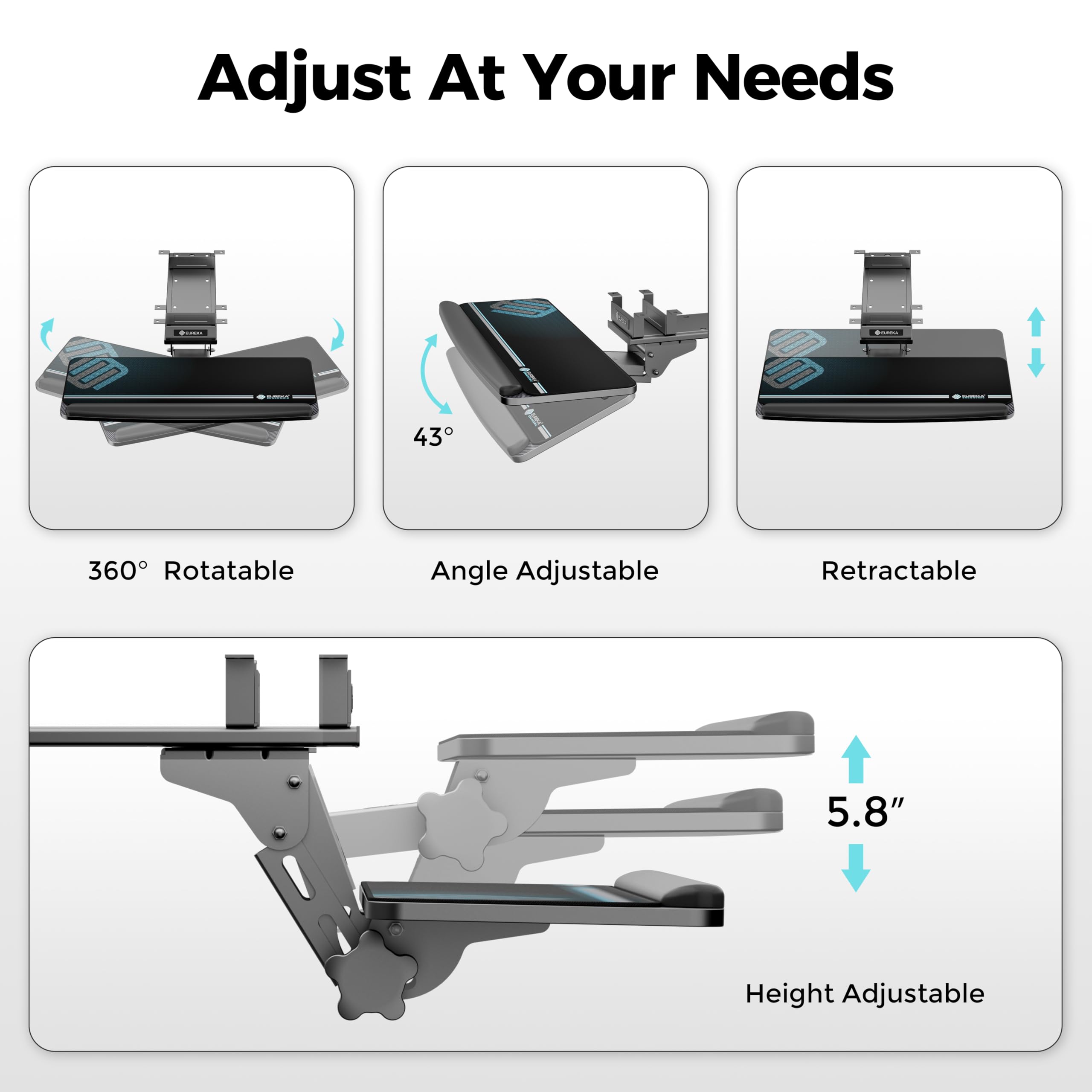 Keyboard Tray Height Adjustable, Swivel Tilt Computer Keyboard Drawer Under Desk, 25x9.13'' Sliding Keyboard & Mouse Platform with Mouse Pad for Typing, Black