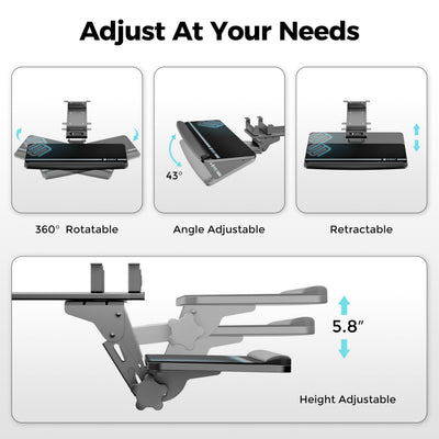 Keyboard Tray Height Adjustable, Swivel Tilt Computer Keyboard Drawer Under Desk, 25x9.13'' Sliding Keyboard & Mouse Platform with Mouse Pad for Typing, Black