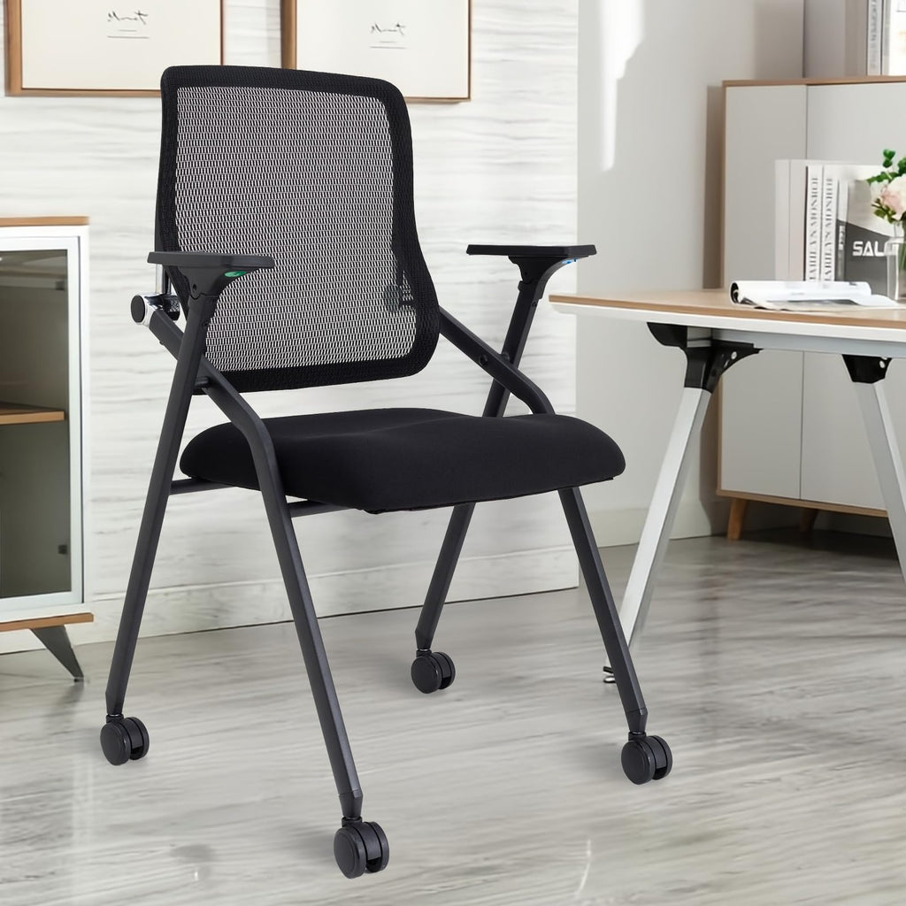 Updated Conference Room Chairs, Folding Office Desk Chair with Lumbar Support and Sliding Armrest with Casters, Stackable Office Guest Chairs & Reception Chairs, 1 Pack Black