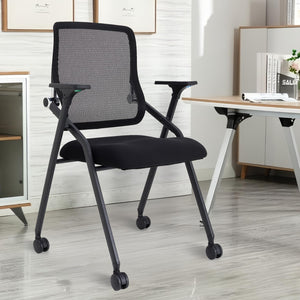 Updated Conference Room Chairs, Folding Office Desk Chair with Lumbar Support and Sliding Armrest with Casters, Stackable Office Guest Chairs & Reception Chairs, 1 Pack Black