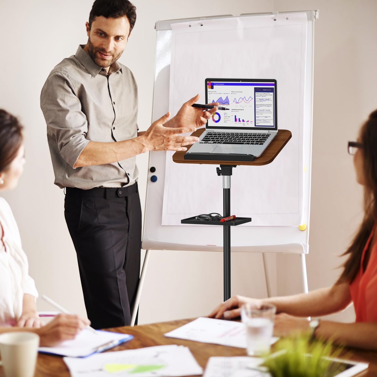 Snughome Lectern Podium Stand with Storage Tray, Height Adjustable Lectern Stand Mobile Podium, Portable Floor Standing Podium Lectern for Church, Weddings, Classroom, Speech