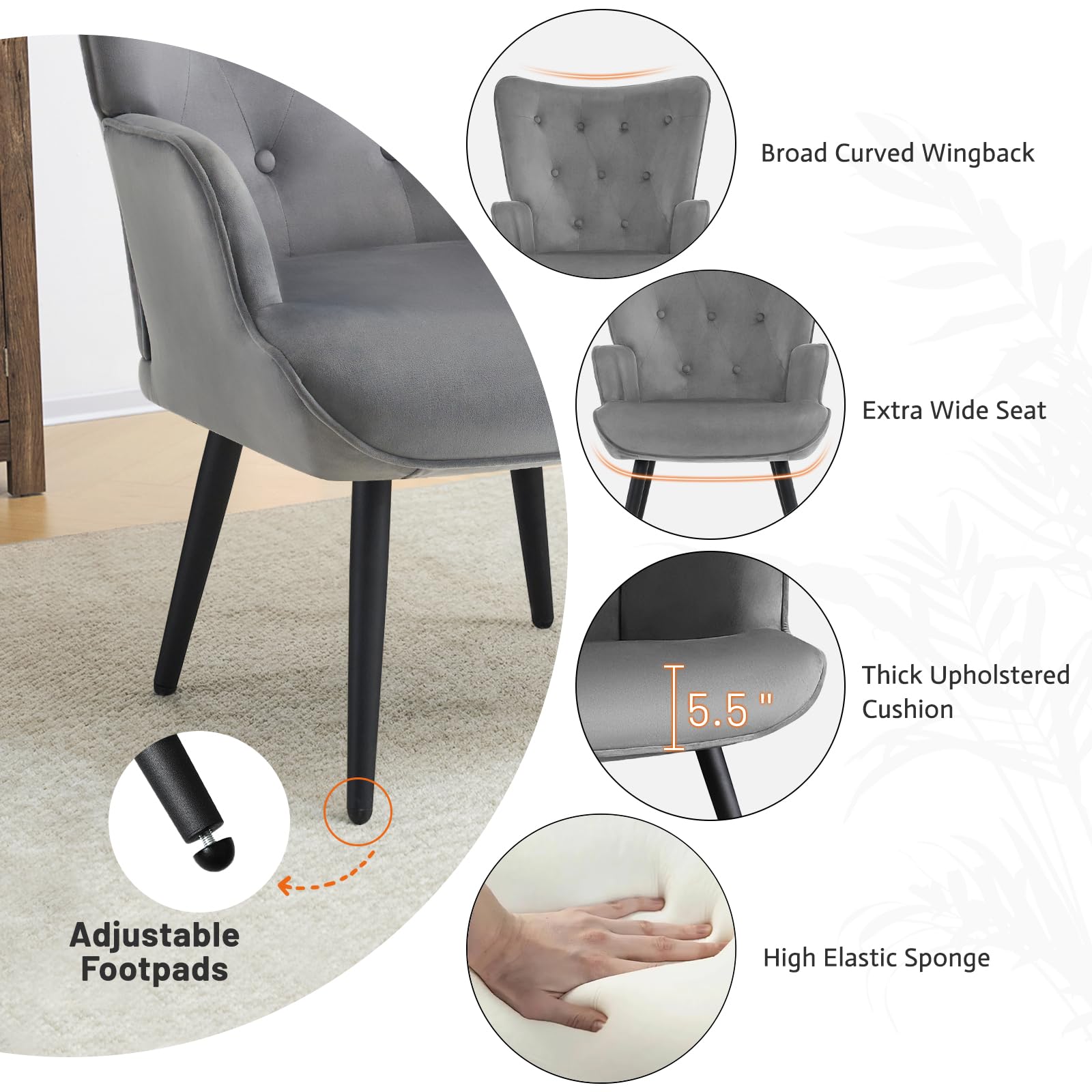 Modern Accent Chair, Velvet Tufted Button Wingback Chair Upholstered Side Armchair Comfy Lounge Chair with Tapered Legs Sofa Leisure Chair for Home Office/Living Room/Bedroom, Grey