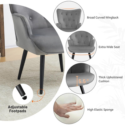 Modern Accent Chair, Velvet Tufted Button Wingback Chair Upholstered Side Armchair Comfy Lounge Chair with Tapered Legs Sofa Leisure Chair for Home Office/Living Room/Bedroom, Grey