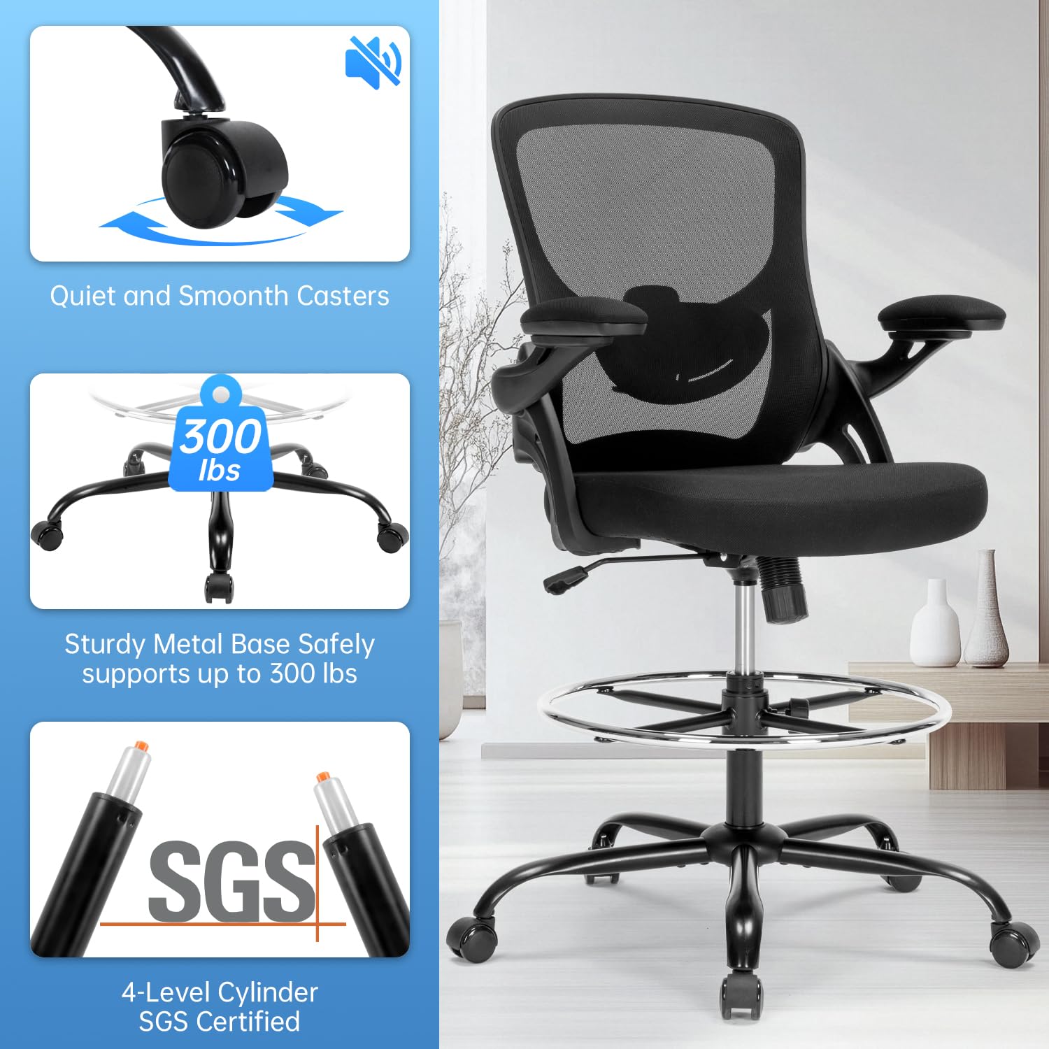 Drafting Chair Ergonomic Computer Standing Desk Chair with Flip-Up Arms and Lumbar Support, Tall Office Chair with Adjustable Footrest, Stool Counter Height Office Chairs Black