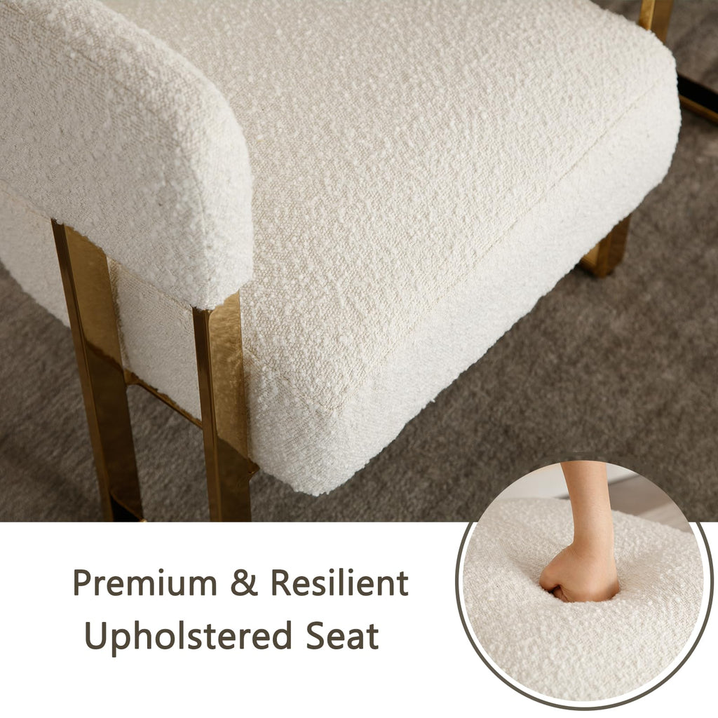Modern Barrel Accent Chairs Set of 2, Boucle Fabric Living Room Chairs with Gold Metal Legs, Comfy Upholstered Single Sofa Armchair Side Chair for Lounge/Bedroom/Reading, White
