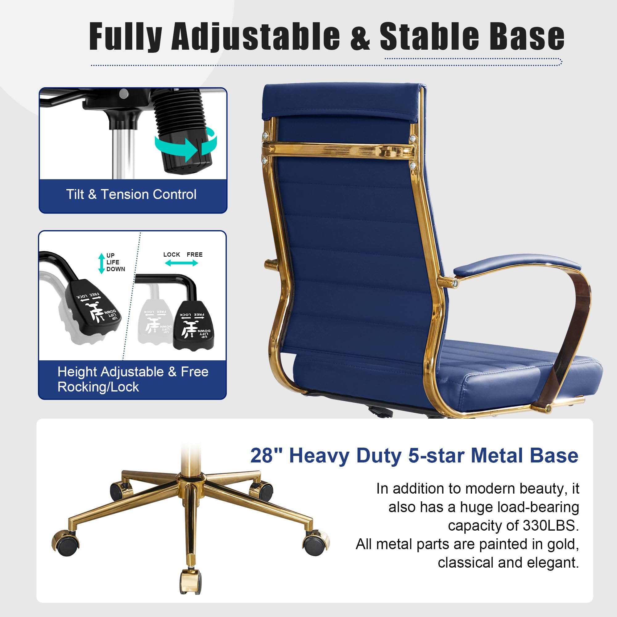 Gold Office Desk Chair, Ergonomic Leather Modern Conference Room Chairs, Executive Ribbed Height Adjustable Swivel Rolling Golden Chair for Home Office.