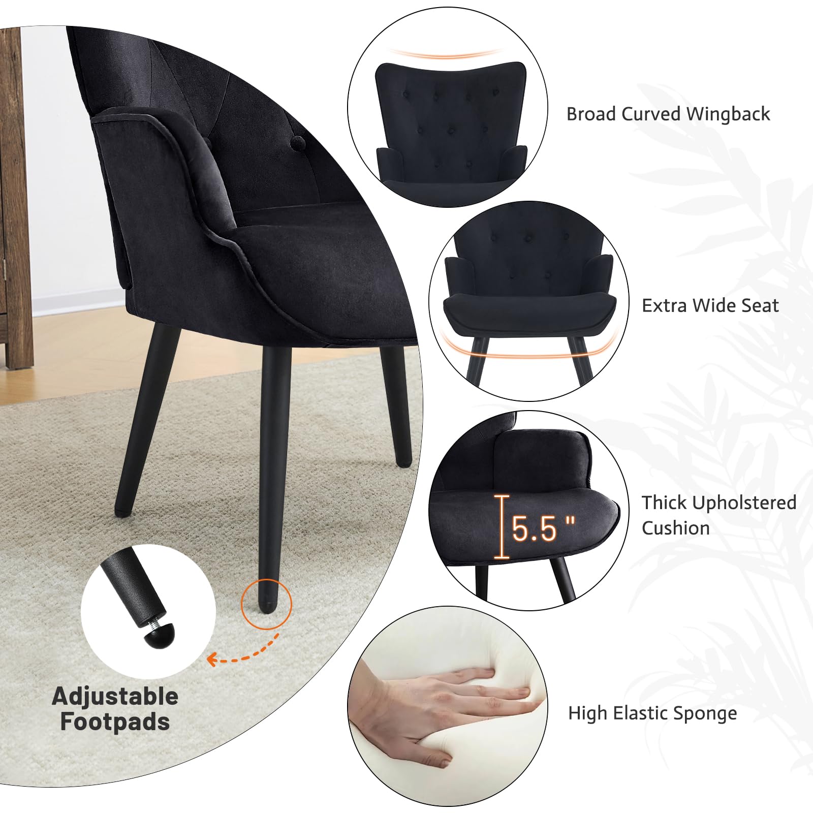Velvet Accent Chair Modern Upholstered Side Armchair with Tapered Legs Tufted Button Wingback Sofa Chairs Tall Back Reading for Living Room Bedroom Waiting Room, Black