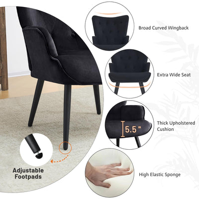 Velvet Accent Chair for Living Room, Upholstered Reading Chair with High Backrest, Tufted-Button Wingback Armchair for Bedroom, Dressing Room, Home Office, Black, Set of 2