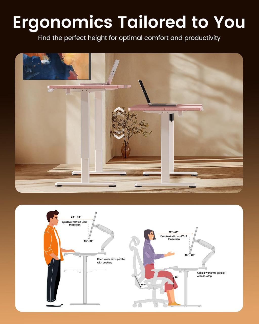 Height Adjustable Electric Standing Desk, 48 x 24 Inches Sit Stand up Desk, Memory Computer Home Office Desk, Pink