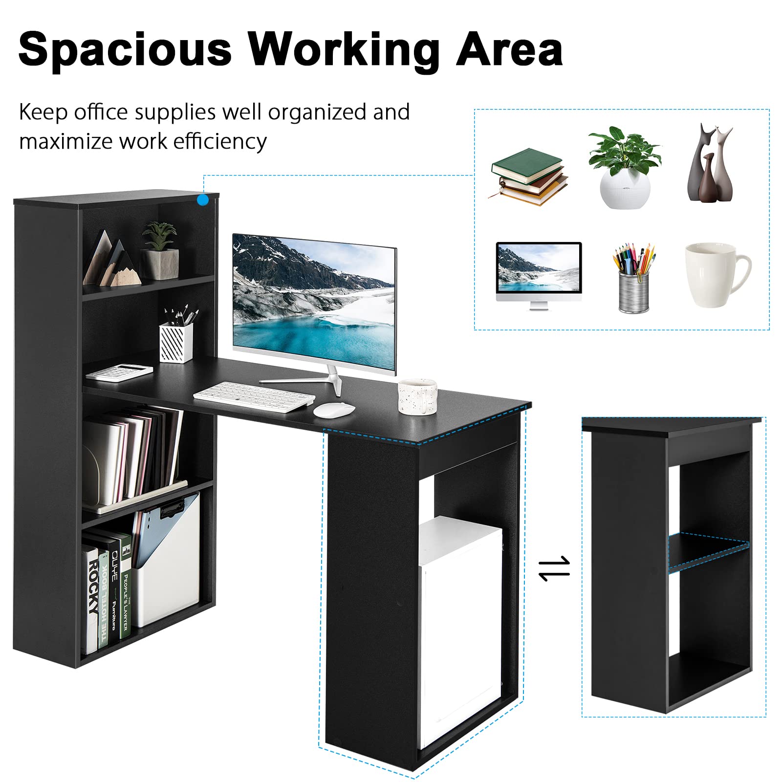 Computer Desk with Bookshelf, Writing Study Desk with Storage Shelves & CPU Stand, Modern Compact Computer Workstation for Home & Office, Space-Saving Design (Black)