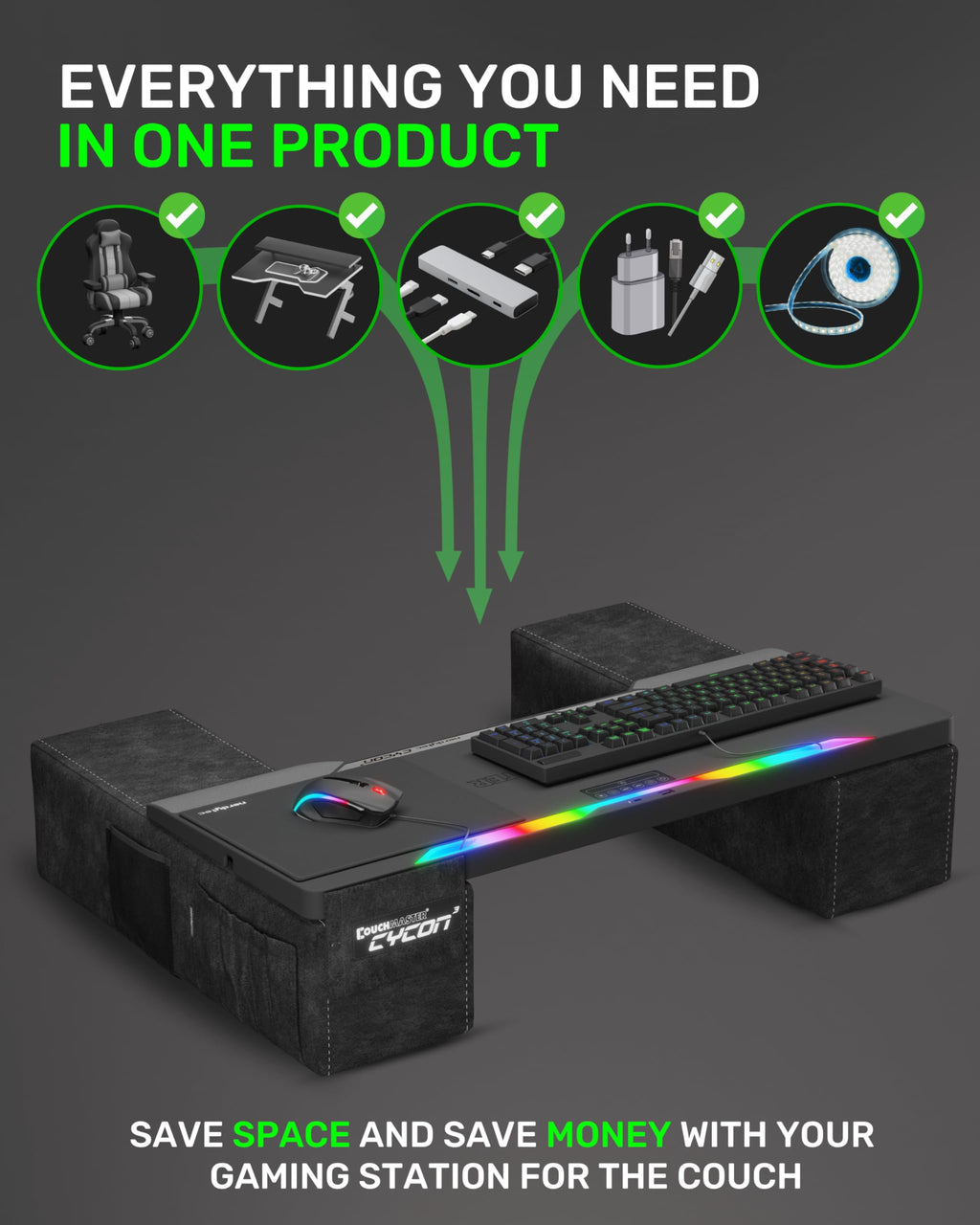 CYCON³ HORIZONLIGHT Bar, Ultimate Ergonomic USB-Hub Gaming Lap Desk for Couch and Bed, Large, Stable and Compatible with All Keyboards and Mouse/Mice, Laptops, PCs, PS4/5, Xbox