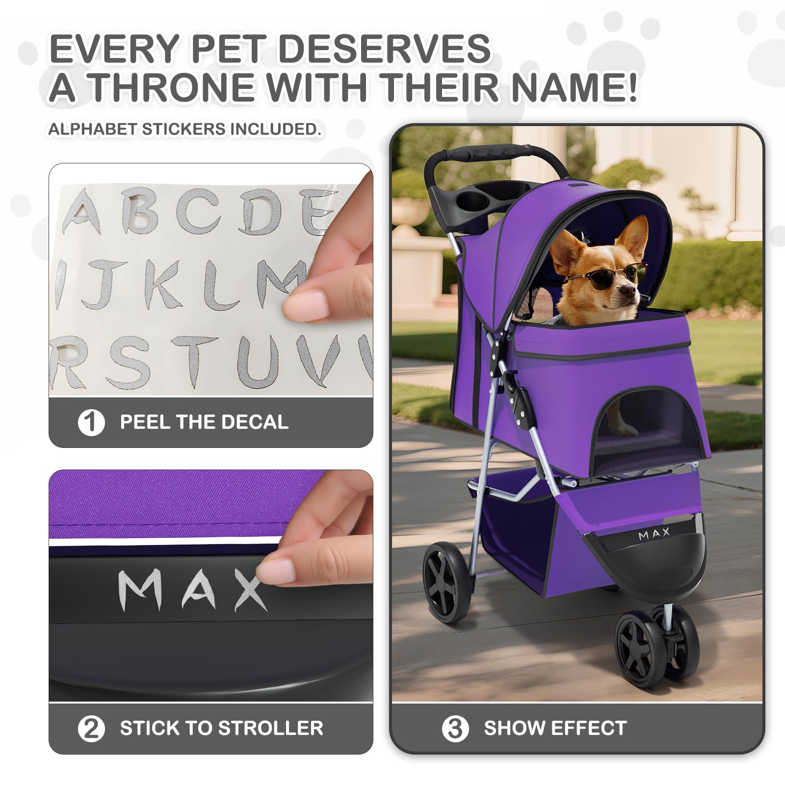 3 Wheels Pet Dog Cat Stroller for Small Medium Dogs Cats, Lightweight Foldable Jogger Stroller w/Storage Basket and Cup Holder, Purple