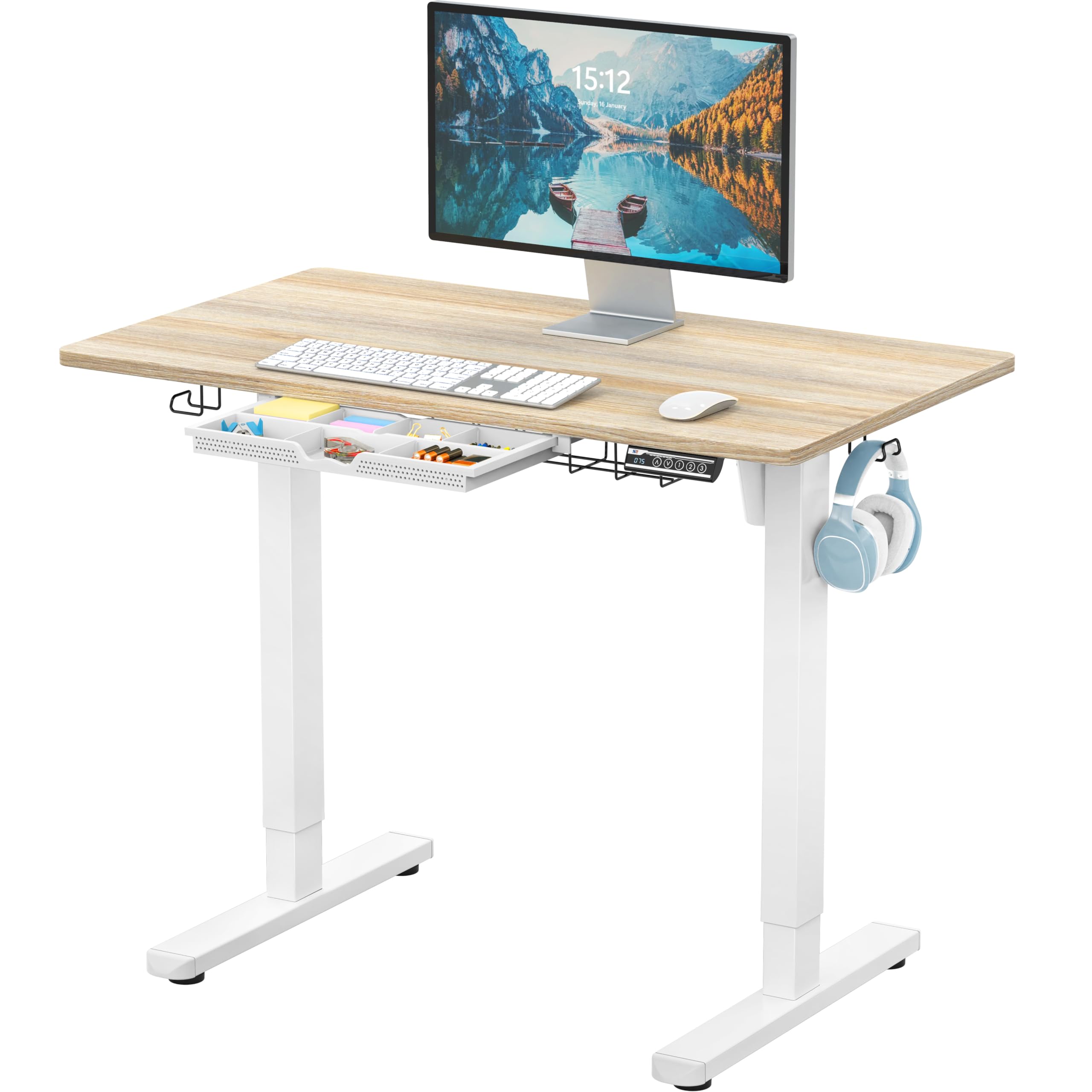 40-Inch Electric Height Adjustable Standing Desk with Drawer, Memory Preset and Cable Management Tray, Maple