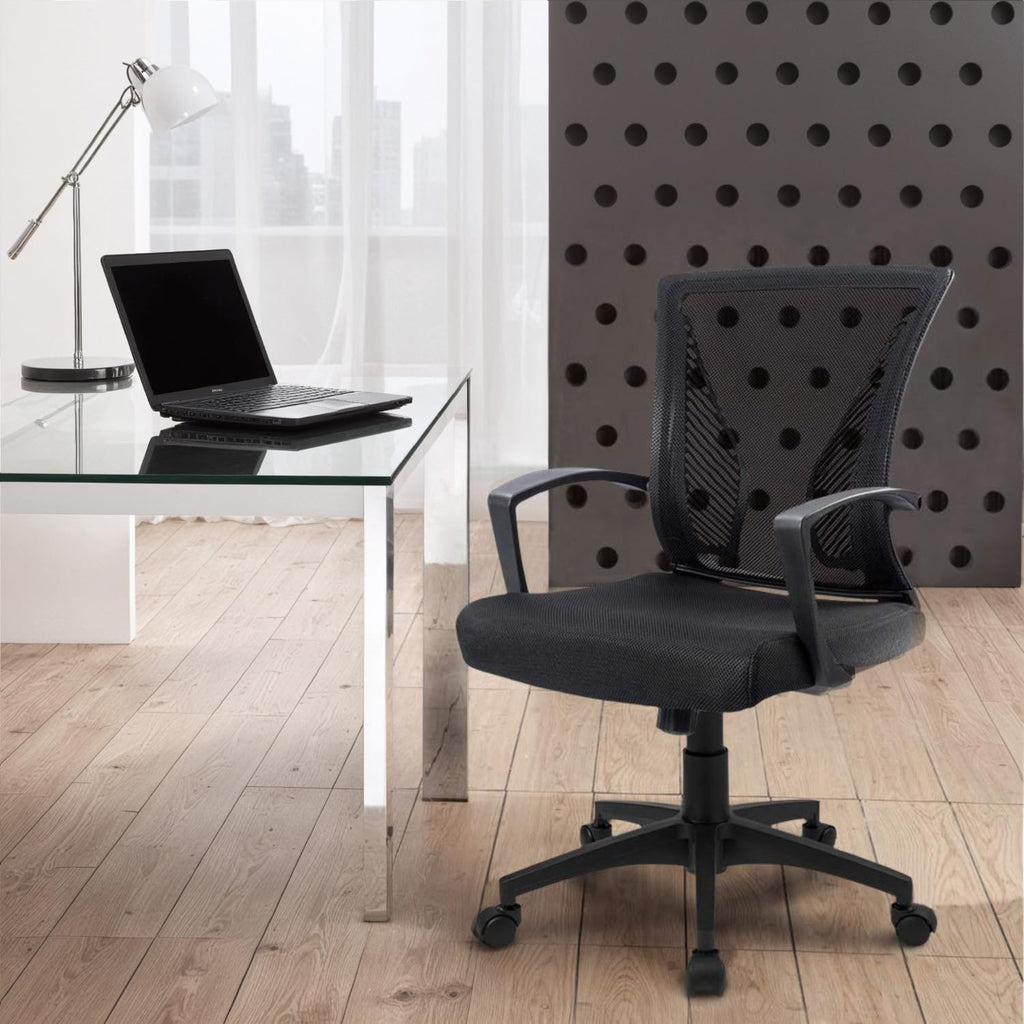 Office Chair Ergonomic Computer Desk Mesh Chair Mid Back Swivel Lumbar Support with Armrest (1, Black)