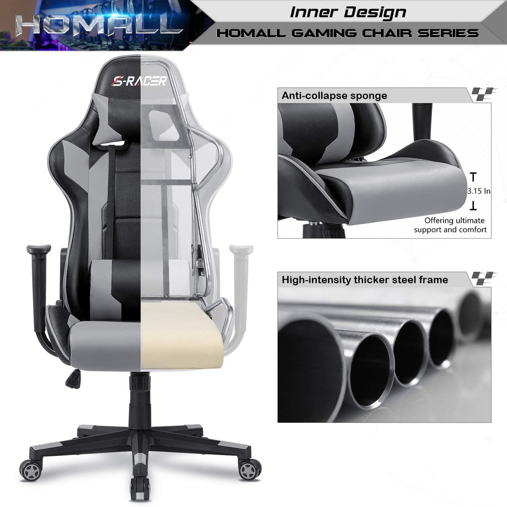 Gaming Chair, Office Chair High Back Computer Chair Leather Desk Chair Racing Executive Ergonomic Adjustable Swivel Task Chair with Headrest and Lumbar Support (Grey)
