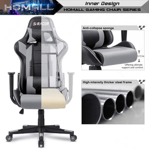 Gaming Chair, Office Chair High Back Computer Chair Leather Desk Chair Racing Executive Ergonomic Adjustable Swivel Task Chair with Headrest and Lumbar Support (Grey)
