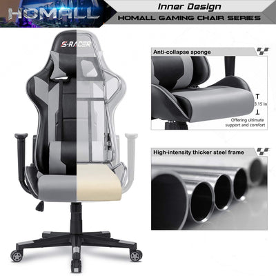 Gaming Chair, Office Chair High Back Computer Chair Leather Desk Chair Racing Executive Ergonomic Adjustable Swivel Task Chair with Headrest and Lumbar Support (Grey)
