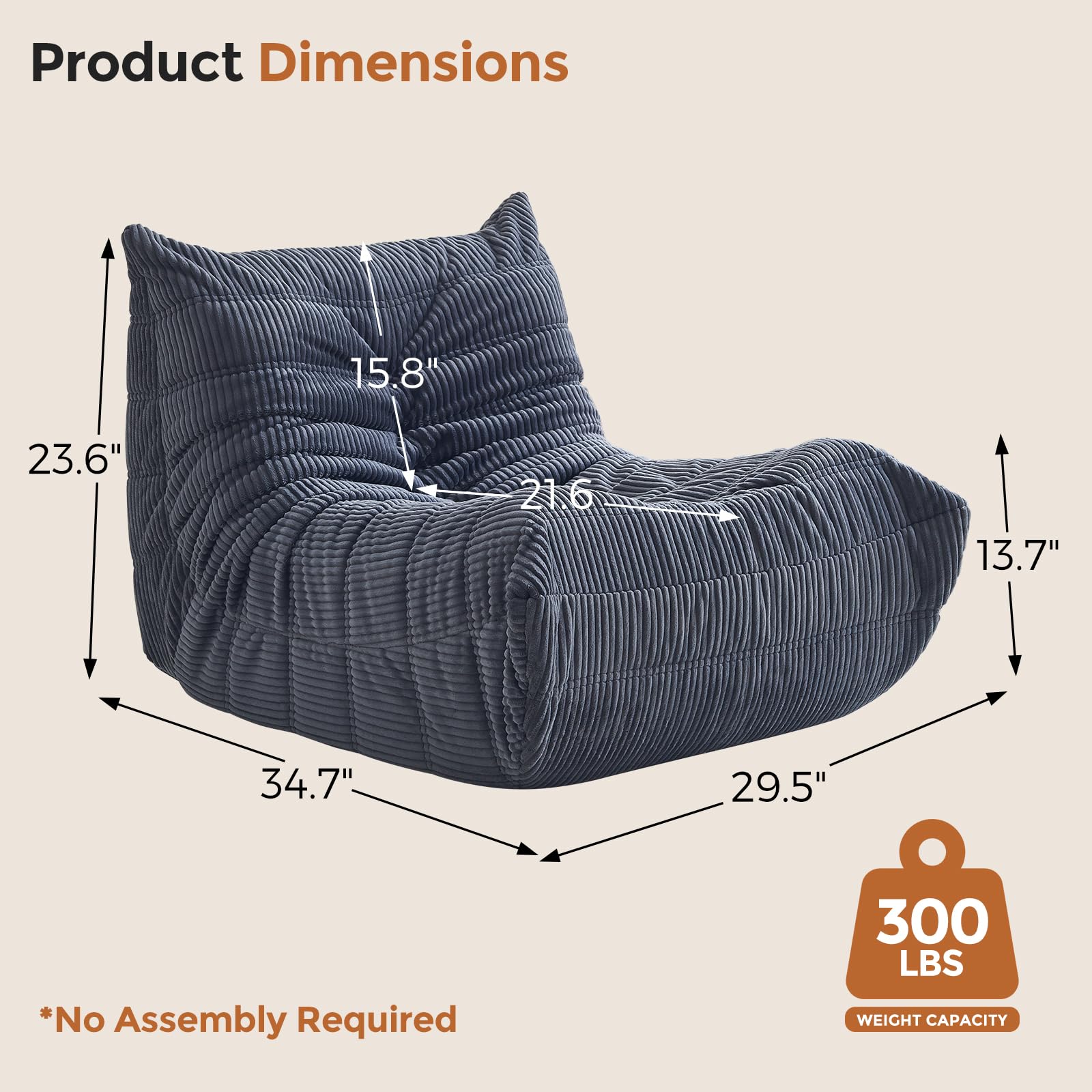 Bean Bag Chairs for Adults, Giant Bean Bag Chair, Memory Foam Beanbag Chair, Bean Bag Sofa for Living Room, Dorms, Apartments, Reading Corner (Grey Corduroy)