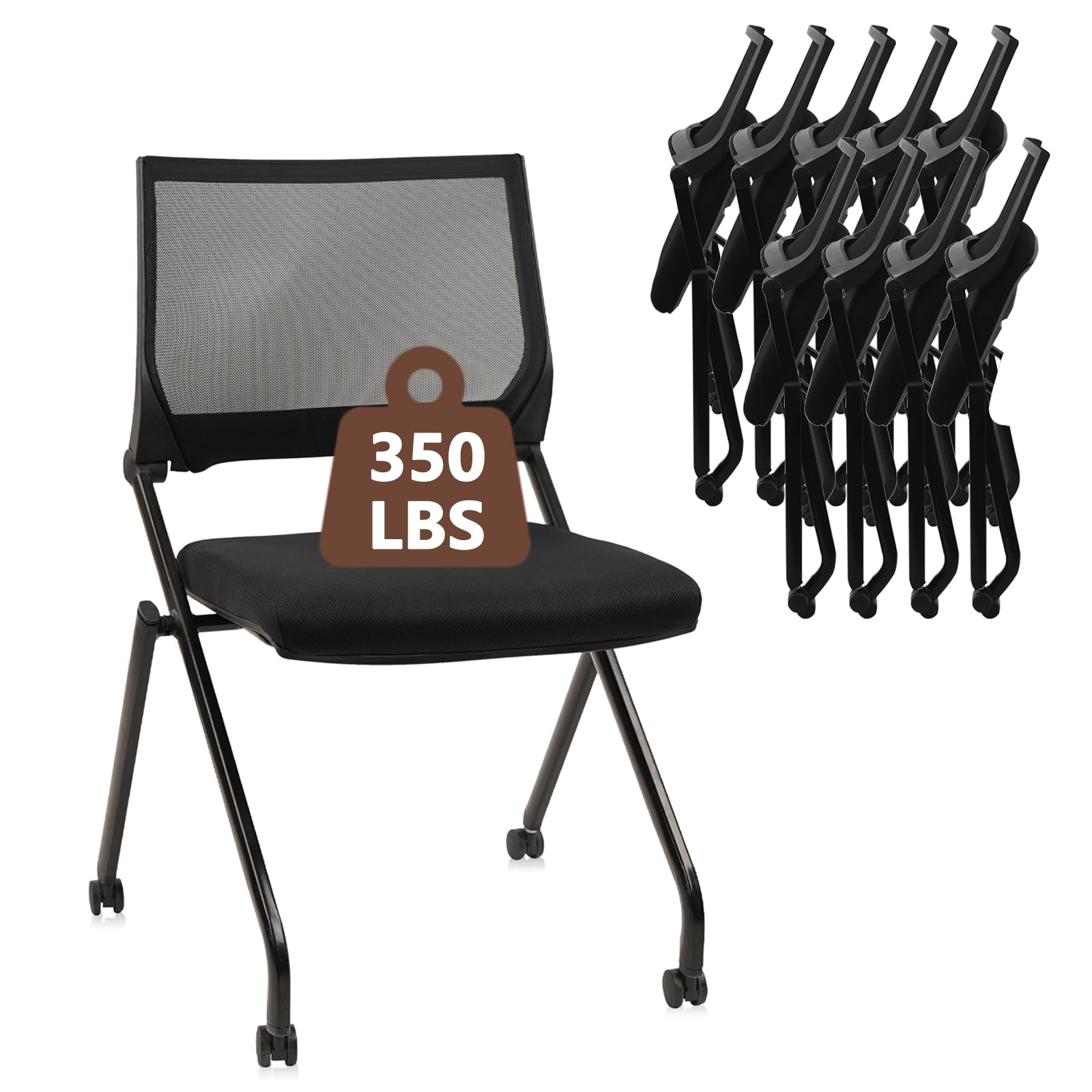 10PACK, Stackable & Foldable Chairs with Wheels, Reception Guest Chairs with Lumbar Support, Ergonomic Mesh Back Folding Chair for Office Schools Training Conference Waiting Room, Black,