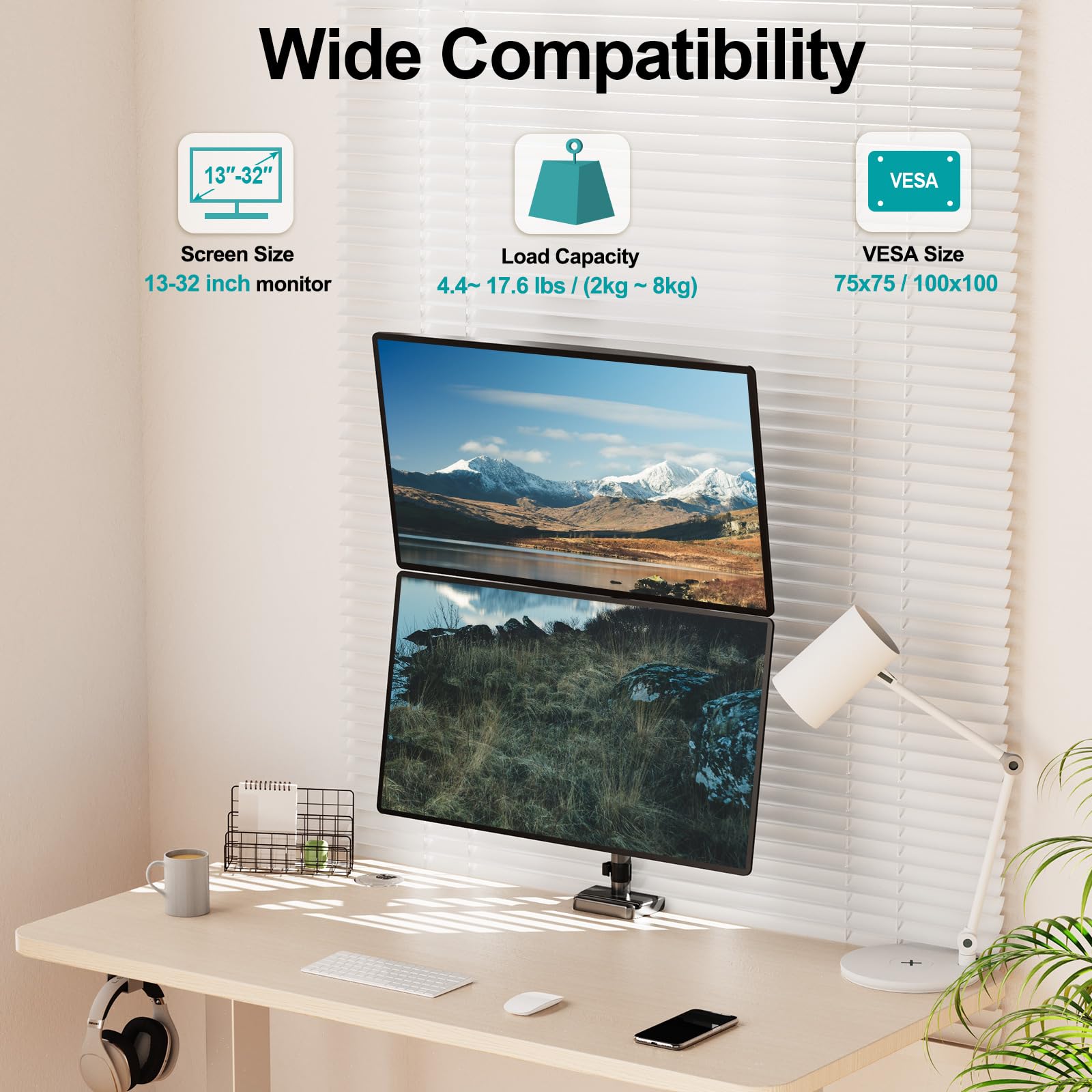 Vertical Dual Monitor Mount, Stacked Monitor Stand for 2 Computer Screens up to 32 inches, Full Motion Adjustable Tall Display Desk Mount, Each Arm Holds up to 17.6lbs, VESA Mount