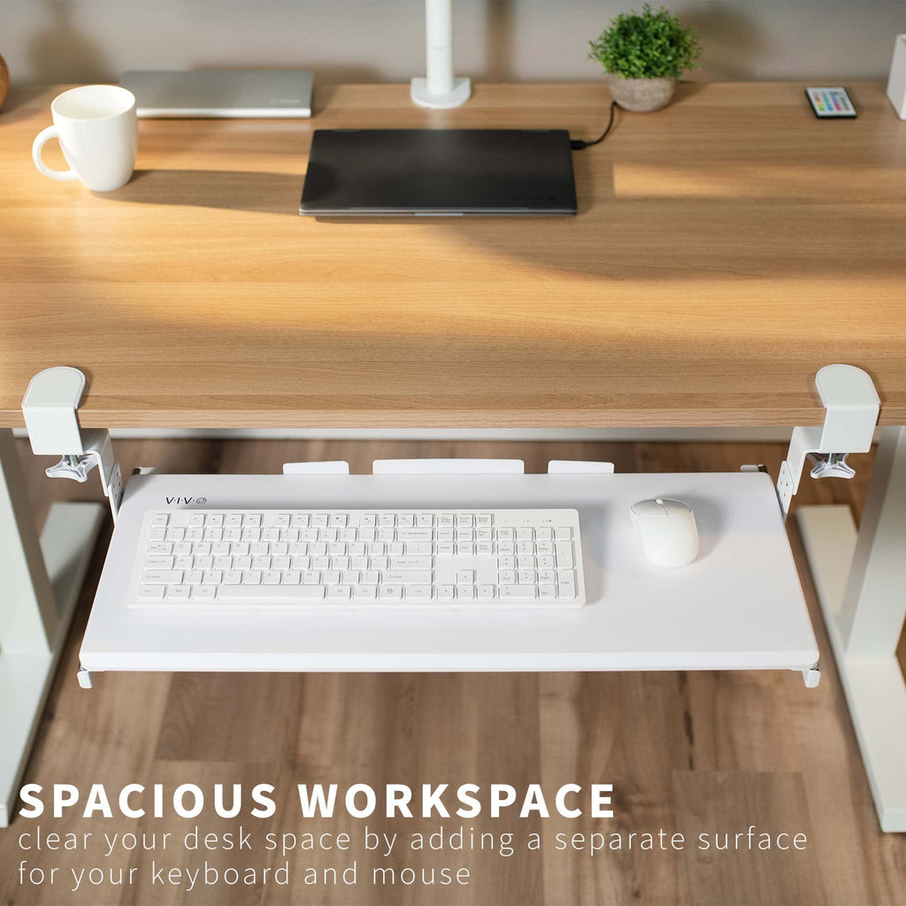 Large Height Adjustable Under Desk Keyboard Tray, C-clamp Mount System, 27 (33 Including Clamps) x 11 inch Slide-Out Platform for Typing, White, MOUNT-KB05HW