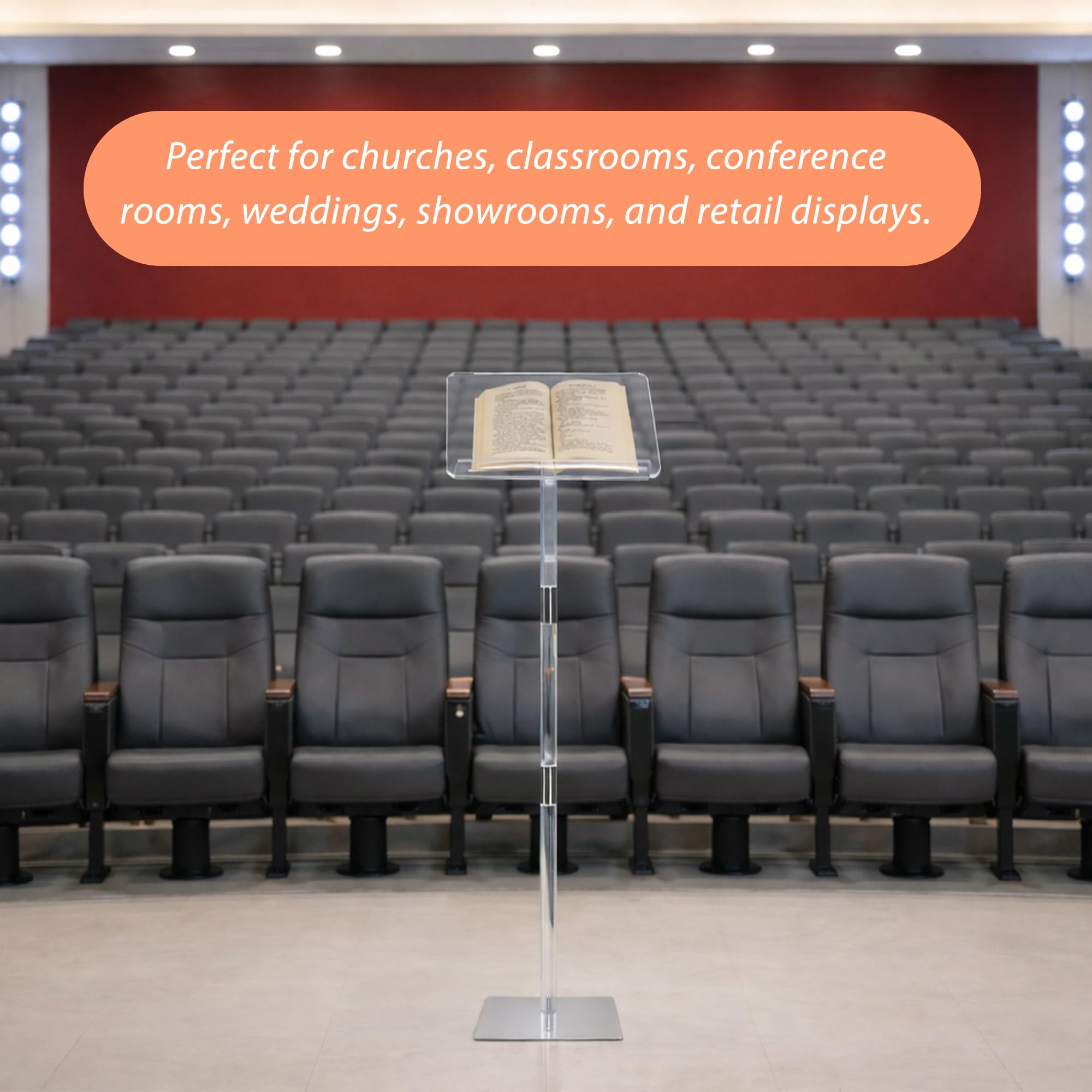 Podium Stand, Lecterns & Podiums, Acrylic Adjustable Angles with Metal Base, Podium for Church, Weddings, Classroom, Speech, 16