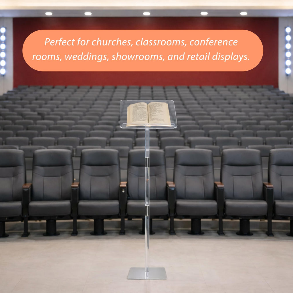 Podium Stand, Lecterns & Podiums, Acrylic Adjustable Angles with Metal Base, Podium for Church, Weddings, Classroom, Speech, 16" L x 12" W x 48" H (Clear)