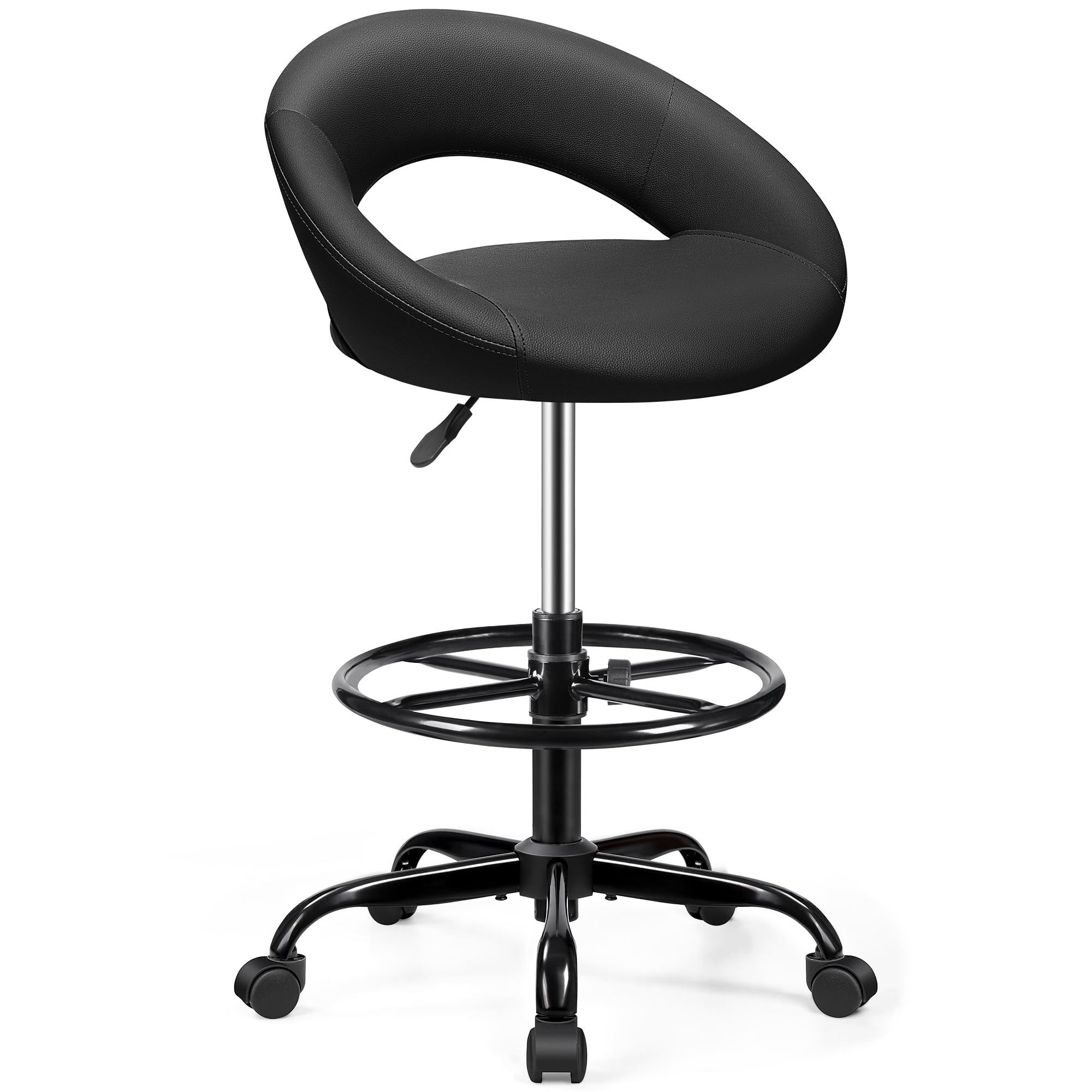 Office Drafting Chair - Bar Stools with Back Support, Adjustable Foot Rest and Wheels, Shop Rolling Swivel Chair for Standing Desk Counter Kitchen Salon Home Vanity, Black