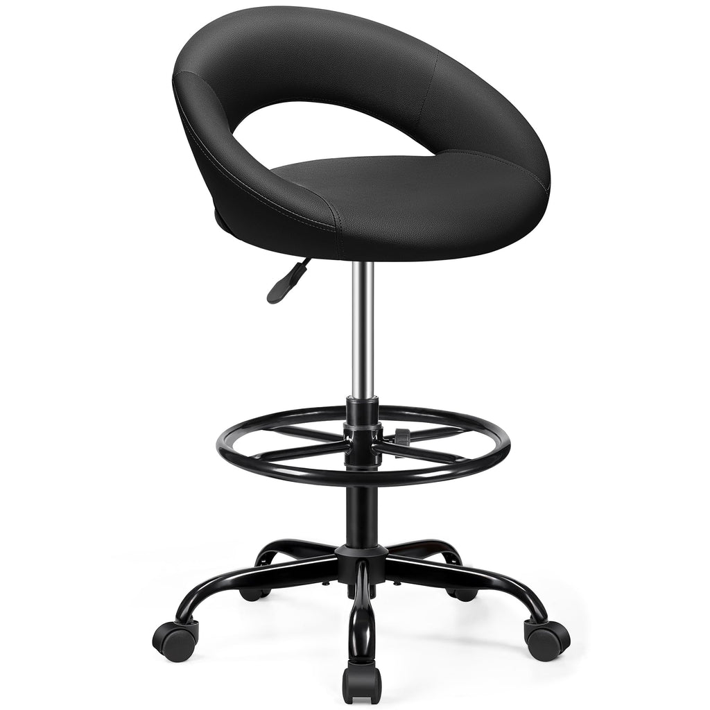 Office Drafting Chair - Bar Stools with Back Support, Adjustable Foot Rest and Wheels, Shop Rolling Swivel Chair for Standing Desk Counter Kitchen Salon Home Vanity, Black