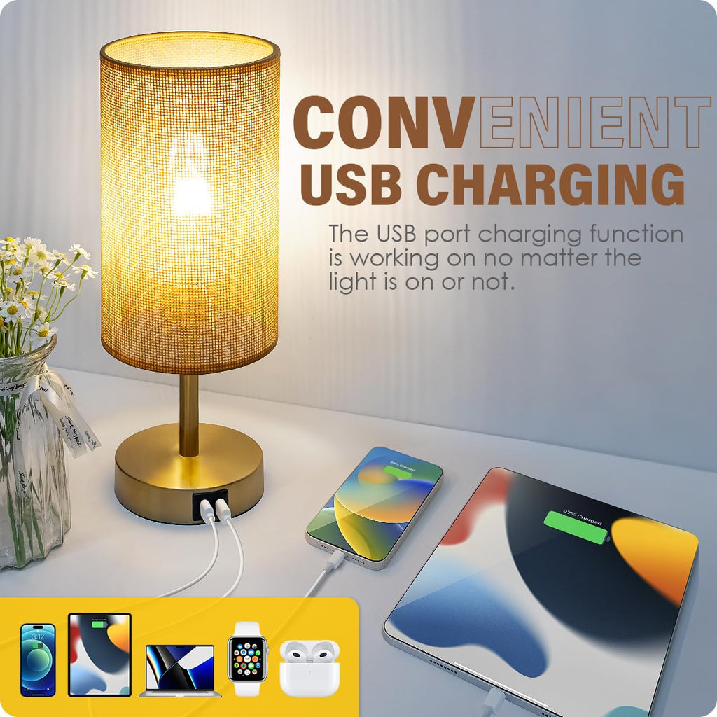 Bedside Lamp with USB Port - Touch Control Table Lamp for Bedroom Wood 3 Way Dimmable Nightstand Lamp with Round Flaxen Fabric Shade for Home Office (LED Bulb Included) (Y - NET)