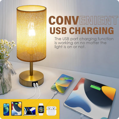 Bedside Lamp with USB Port - Touch Control Table Lamp for Bedroom Wood 3 Way Dimmable Nightstand Lamp with Round Flaxen Fabric Shade for Home Office (LED Bulb Included) (Y - NET)