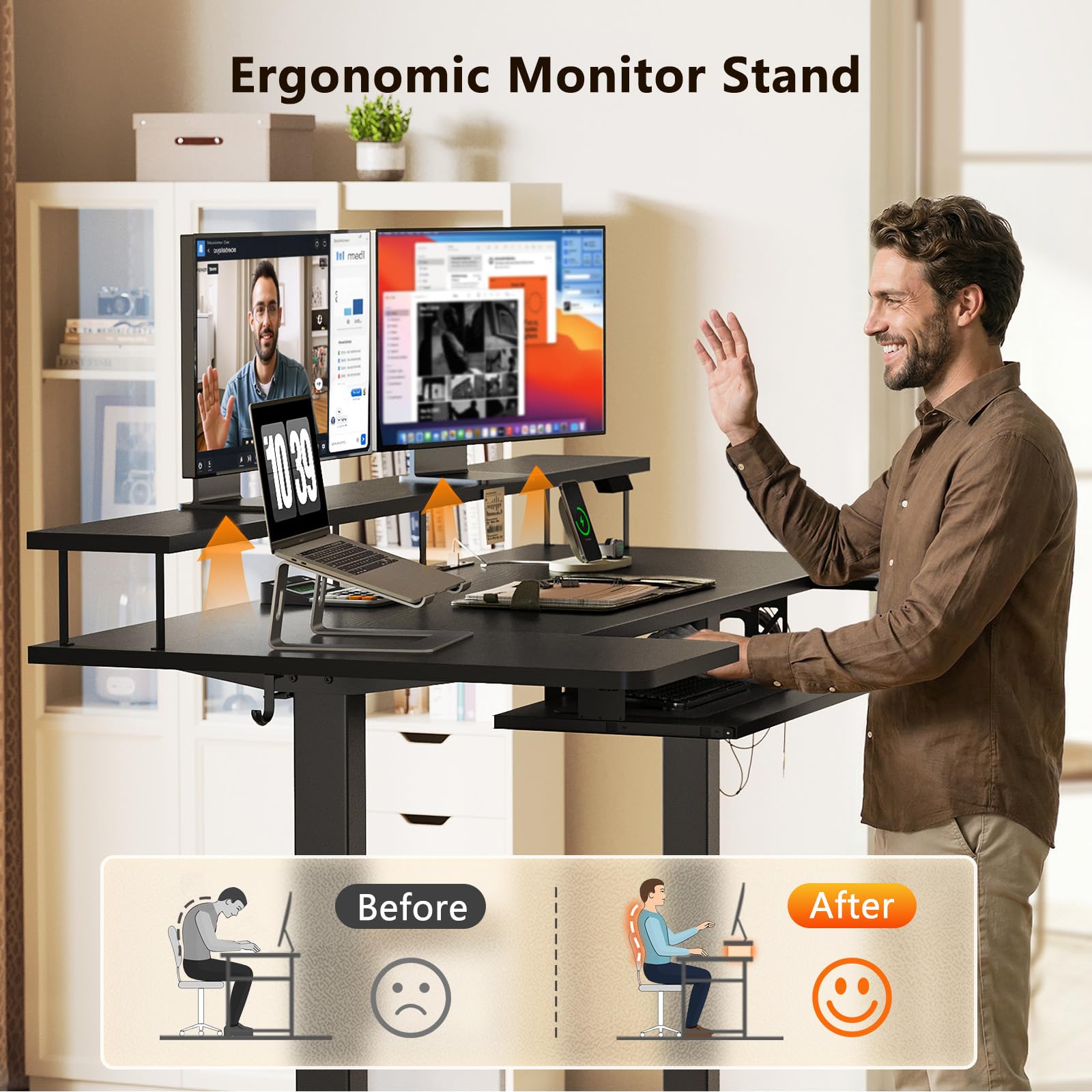 U Shaped Electric Standing Desk with Keyboard Tray, 63 Inch Height Adjustable Desk with Power Outlets & LED Lights, Sit Stand Table with Monitor Stand for Home, Office, Black
