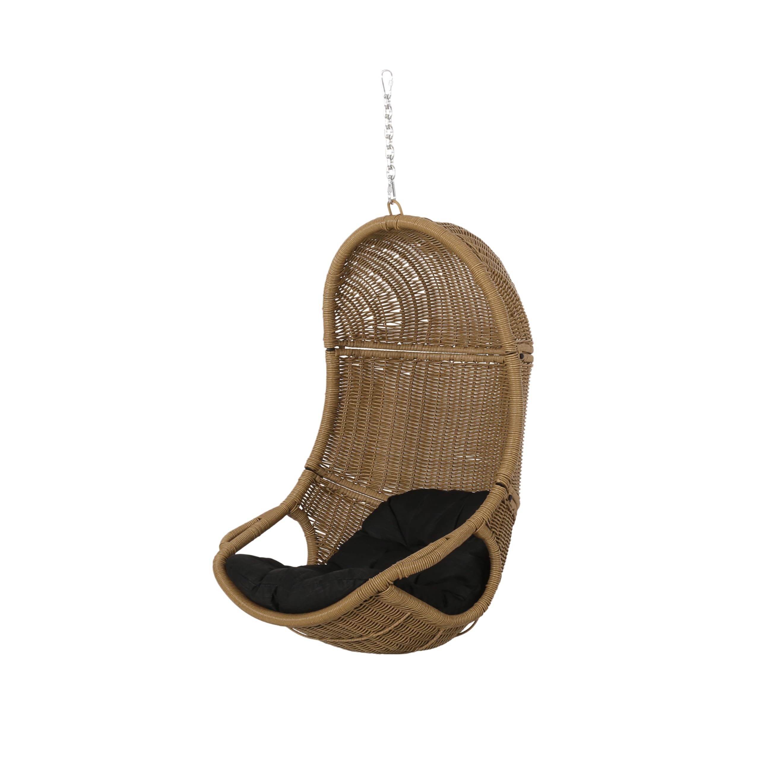 Hanging Basket Chair with Cushion, Outdoor Indoor Basket Chair, Boho Garden Rattan Lounger Porch Swing Furniture, Modern Patio Decor, Brown+Gray