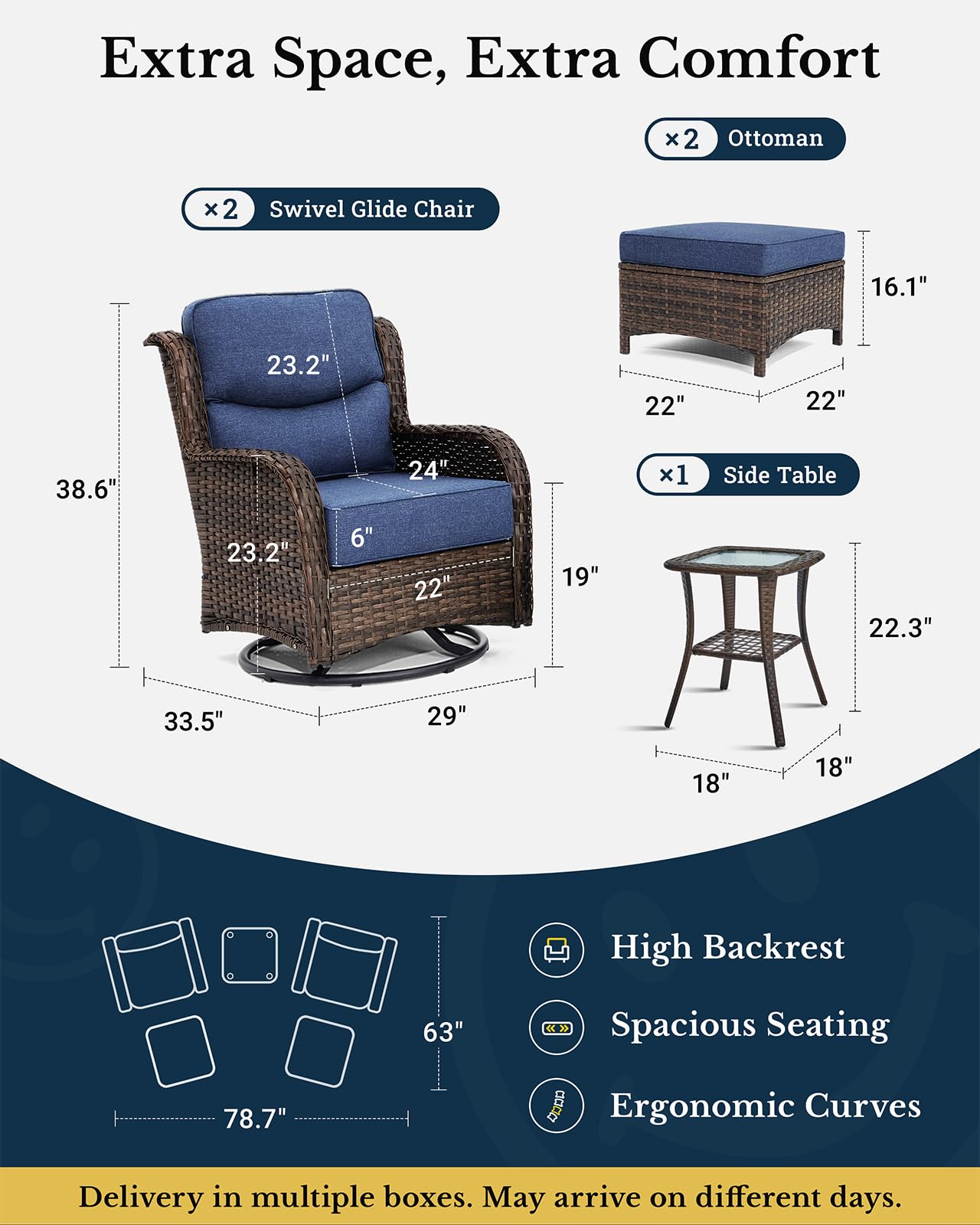 Luxury Patio Furniture Set with 6-inch Thick Cushion, Outdoor High Back Swivel Rocker Patio Chairs, 5PCS Wicker Conversation Set for Deck Yard and Poolside, Blue (V2)