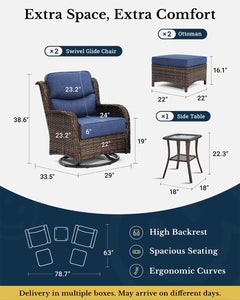Luxury Patio Furniture Set with 6-inch Thick Cushion, Outdoor High Back Swivel Rocker Patio Chairs, 5PCS Wicker Conversation Set for Deck Yard and Poolside, Blue (V2)
