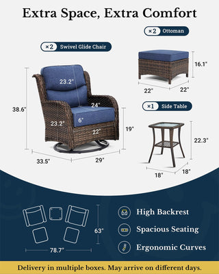 Luxury Patio Furniture Set with 6-inch Thick Cushion, Outdoor High Back Swivel Rocker Patio Chairs, 5PCS Wicker Conversation Set for Deck Yard and Poolside, Blue (V2)