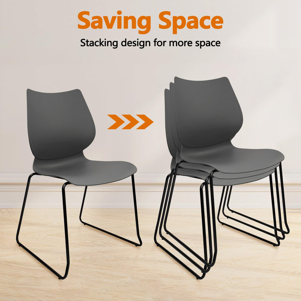 Set of 4, Grey, Stacking Waiting Room Chairs, Stacked Plastic Office Chair with Ergonomic Lumbar Support and Metal Legs for Conference School Church Guest Reception