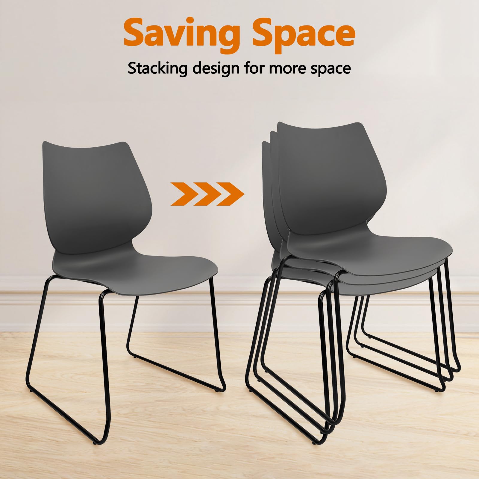 Set of 12, Grey, Stacking Waiting Room Chairs, Stacked Plastic Office Chair with Ergonomic Lumbar Support and Metal Legs for Conference School Church Guest Reception