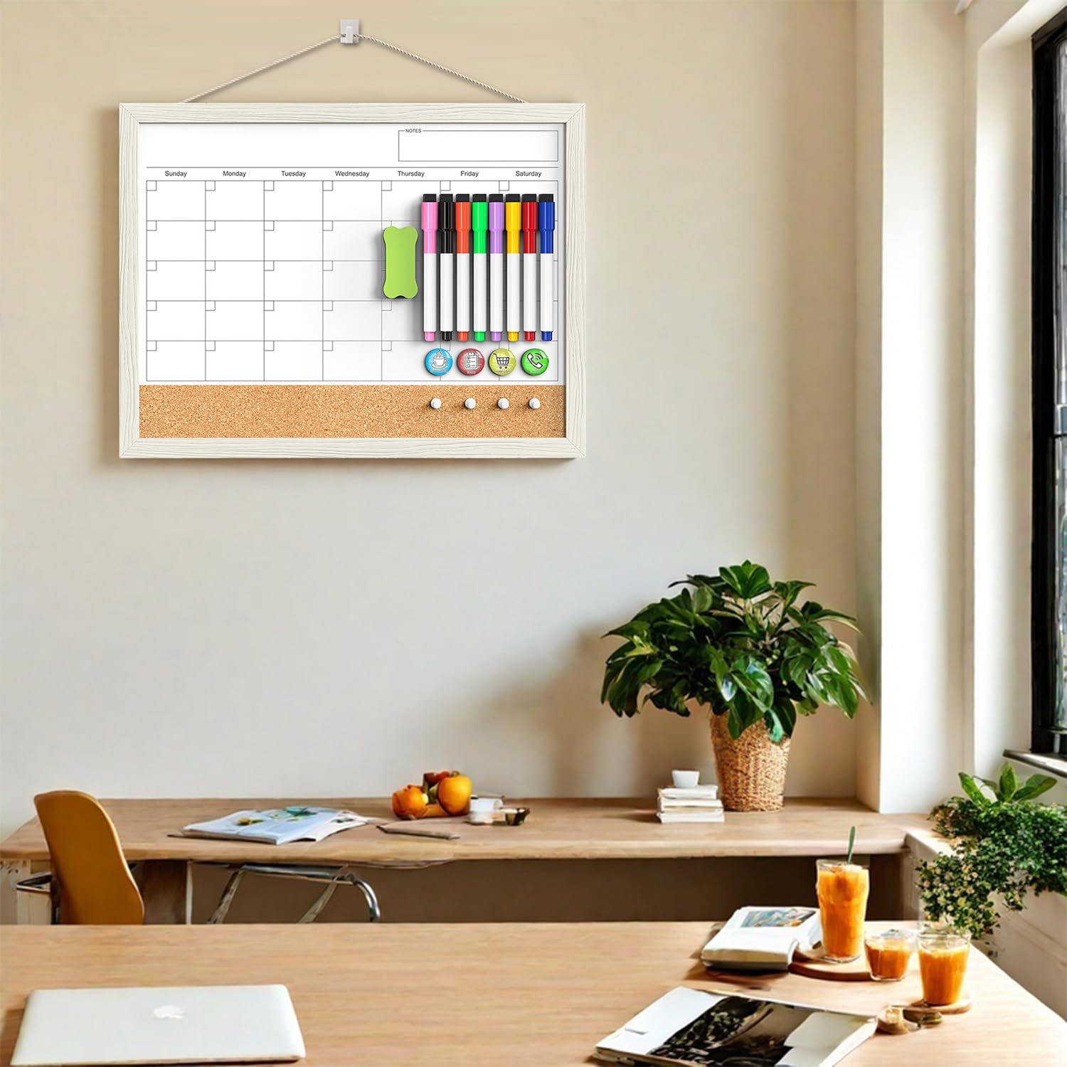 Calendar Whiteboard for Wall, 17x13 Inches Whiteboard Calendar Cork Board Combo, Small Magnetic White Board with Wood Framed, Hanging Dry Erase Board for Kitchen Home Office School Planner