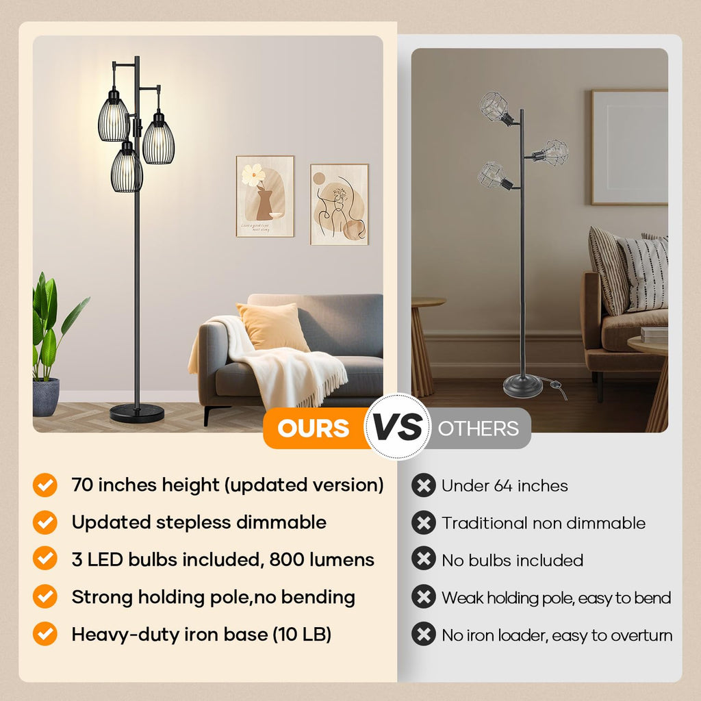 Dimmable Floor Lamp,3x800LM LED Bulbs Included, Farmhouse Industrial Floor Lamp Standing Tree Lamp with Teardrop Cage Head Tall Lamp for Living Room Bedroom Office Dining Room - Black & Marble Base