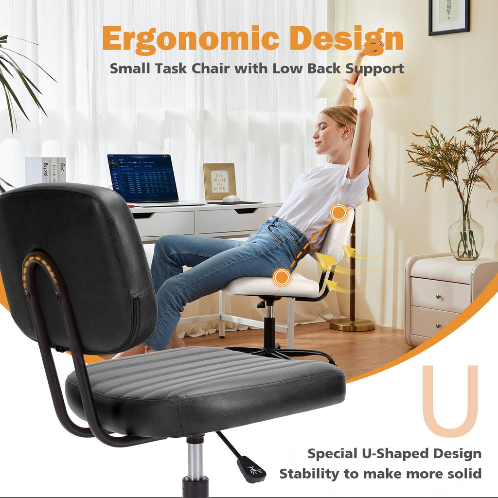 Small Office Desk Chair - Armless PU Leather with Comfy Lumbar Support, Height Adjustable Rolling Swivel Task for No Arms, for Adult, Student, Bedroom, Home, Vanity, Black